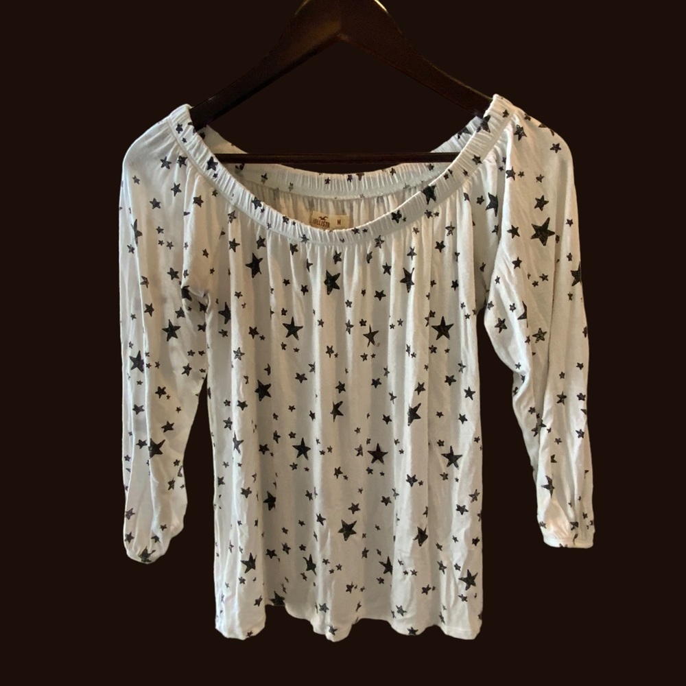 Hollister Top White With Black Stars Off The Shoulder Long Sleeves Size Medium